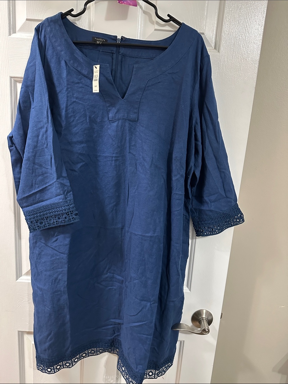 Talbots Navy Linen-Blend Tunic with Crochet Trim